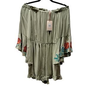 Anthro Entro Green Embroidered Bell Sleeves On/Off Shoulder Ruffle hem Romper M